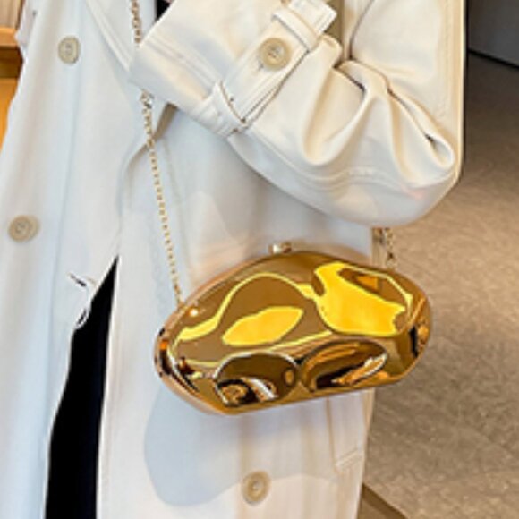 Neiman Marcus Gold Geometric Acrylic Clutch with Removable Chain